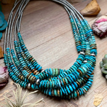 Load image into Gallery viewer, Tri-Color Turquoise Graduated Necklace with Hematite & Sterling Silver Accents – 23”