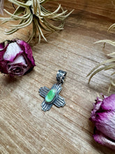 Load image into Gallery viewer, Zia Symbol Pendant with Sonoran Gold Turquoise – Sterling Silver – Native Made by K. Billah – Fits 8mm