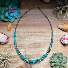 Load image into Gallery viewer, Tri-Color Turquoise Graduated Necklace with Hematite & Sterling Silver Accents – 23”