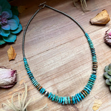 Load image into Gallery viewer, Tri-Color Turquoise Graduated Necklace with Hematite & Sterling Silver Accents – 23”