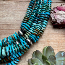Load image into Gallery viewer, Tri-Color Turquoise Graduated Necklace with Hematite & Sterling Silver Accents – 23”