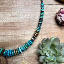 Load image into Gallery viewer, Tri-Color Turquoise Graduated Necklace with Hematite & Sterling Silver Accents – 23”