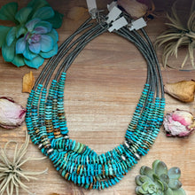 Load image into Gallery viewer, Tri-Color Turquoise Graduated Necklace with Hematite & Sterling Silver Accents – 23”