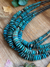 Load image into Gallery viewer, Dark Blue Turquoise Graduated Necklace with Sterling Silver Pearls & Hematite – 23”