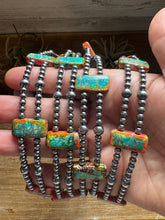 Load image into Gallery viewer, Orange/Turquoise Double Strand Necklace – 13” Beaded – Sterling Silver Pearls & Rectangle Variscite