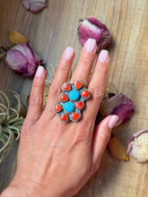 Load image into Gallery viewer, Red Coral & Kingman Turquoise Sterling Silver Ring – Adjustable