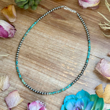 Load image into Gallery viewer, 20” Heishi Turquoise Necklace – 4mm Turquoise &amp; 5mm Sterling Silver Pearls
