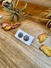 Load image into Gallery viewer, Small Sterling Silver Concho Earrings with Kingman Turquoise – Made in the USA
