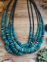Load image into Gallery viewer, Dark Blue Turquoise Graduated Necklace with Sterling Silver Pearls &amp; Hematite – 23”
