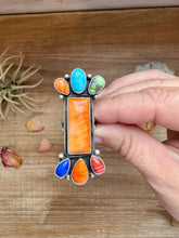 Load image into Gallery viewer, Long Ring- Size 5 - mix stone turquoise, spiny and sterling silver
