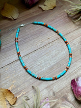 Load image into Gallery viewer, Turquoise &amp; Spiny Oyster Heishi Necklace – 14”
