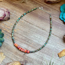 Load image into Gallery viewer, Green Turquoise &amp; Orange Spiny Oyster Fall Necklace
