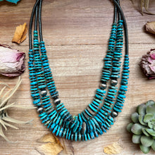 Load image into Gallery viewer, Dark Blue Turquoise Graduated Necklace with Hematite &amp; Sterling Silver Accents – 23”
