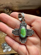 Load image into Gallery viewer, Zia Symbol Pendant with Sonoran Gold Turquoise – Sterling Silver – Native Made by K. Billah – Fits 8mm
