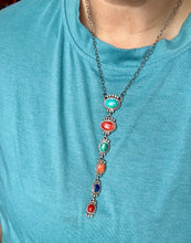 Load image into Gallery viewer, Sterling Silver Lariat Necklace – Native Made – Turquoise, Spiny, &amp; Lapis Charms – One of a Kind
