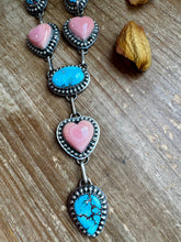 Load image into Gallery viewer, Lariat Necklace – Golden Hill Turquoise &amp; Pink Conch Heart – 34” Adjustable Statement Piece
