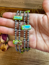 Load image into Gallery viewer, Green/Blue Double Strand Necklace – 13” Beaded – Sterling Silver Pearls &amp; Rectangle Variscite Turquoise

