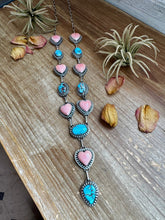 Load image into Gallery viewer, Lariat Necklace – Golden Hill Turquoise &amp; Pink Conch Heart – 34” Adjustable Statement Piece
