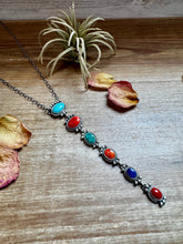 Load image into Gallery viewer, Sterling Silver Lariat Necklace – Native Made – Turquoise, Spiny, &amp; Lapis Charms – One of a Kind
