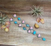 Load image into Gallery viewer, Lariat Necklace – Golden Hill Turquoise &amp; Pink Conch Heart – 34” Adjustable Statement Piece
