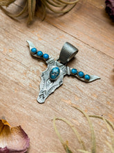 Load image into Gallery viewer, Sterling Silver Longhorn Pendant with Kingman Turquoise – Native Made by Leroy James (Navajo Artist)
