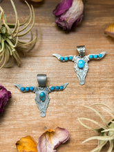Load image into Gallery viewer, Sterling Silver Longhorn Pendant with Kingman Turquoise – Native Made by Leroy James (Navajo Artist)
