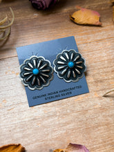 Load image into Gallery viewer, Sterling Silver Concho Earrings with Kingman Turquoise
