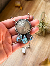 Load image into Gallery viewer, Sterling Silver Liberty Coin Necklace with Golden Hill Turquoise – 16” – 1945 Coin
